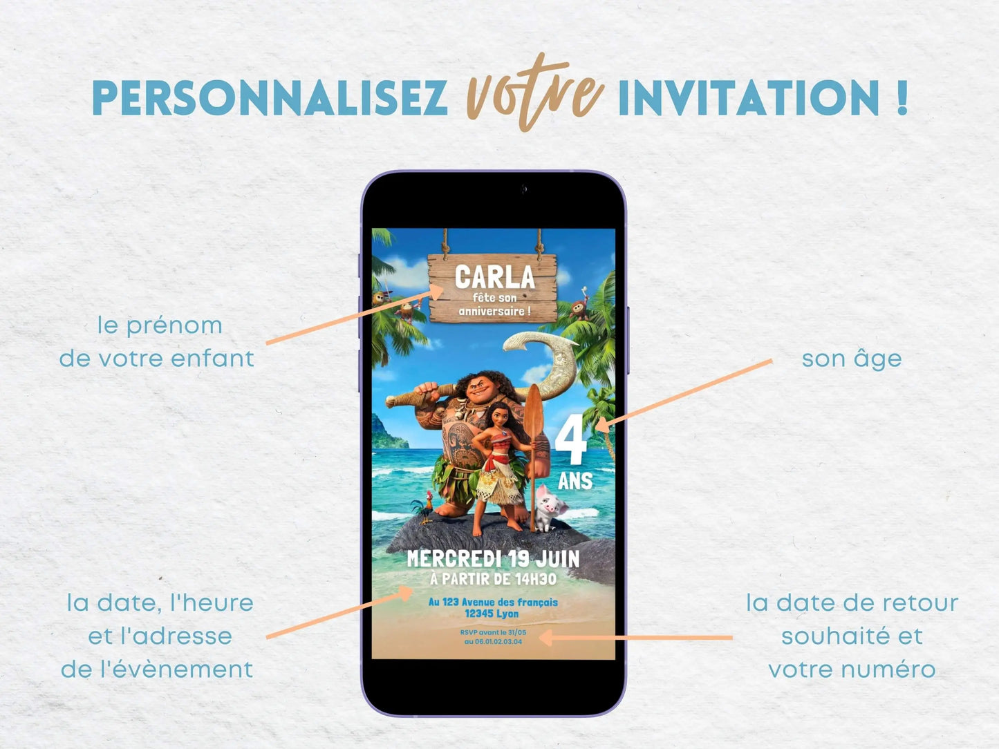 Invitation mobile personnalisée VAIANA