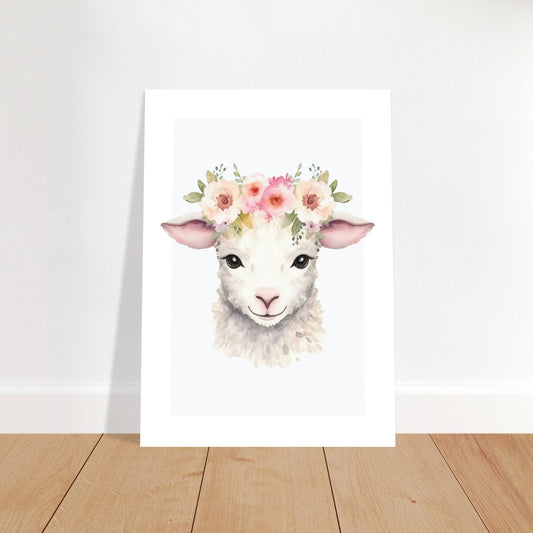 Affiche AGNEAU avec couronne de fleurs décoration chambre enfant bébé