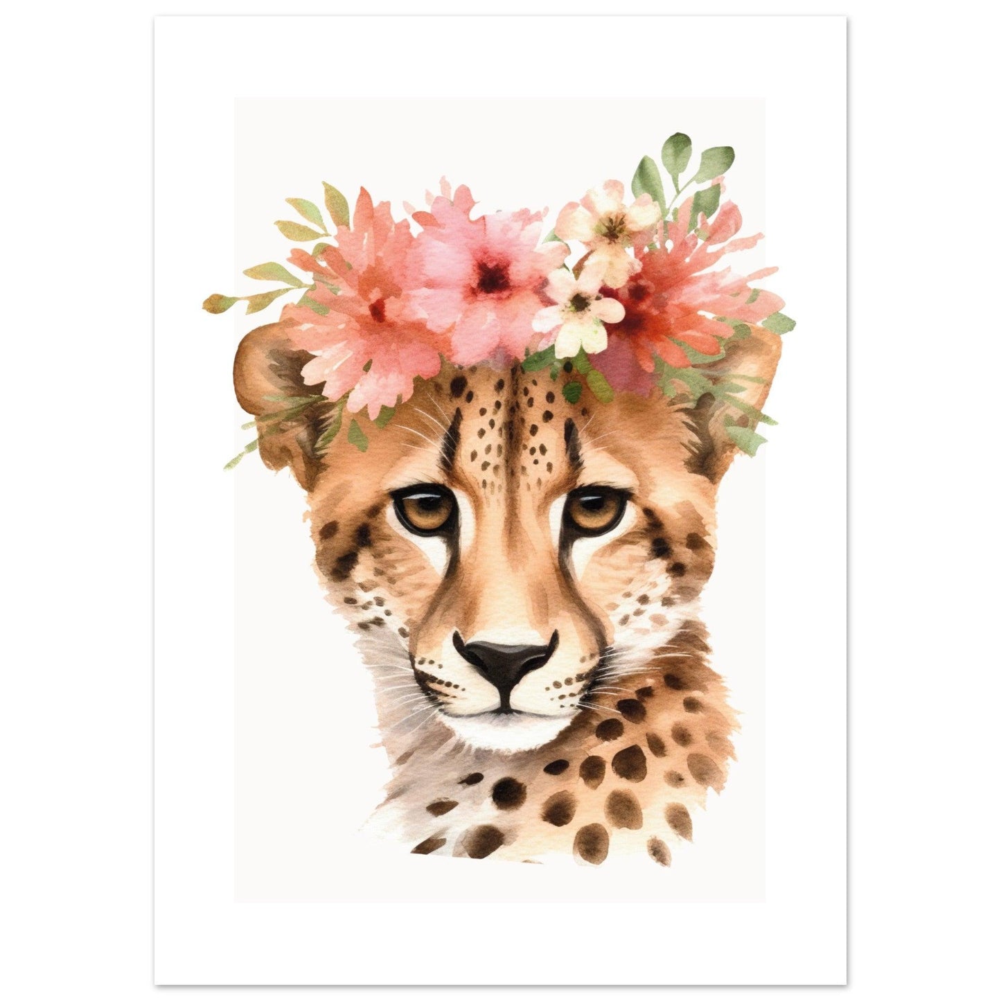 Affiche GUEPARD avec couronne de fleurs décoration chambre enfant bébé