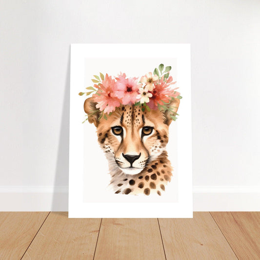Affiche GUEPARD avec couronne de fleurs décoration chambre enfant bébé