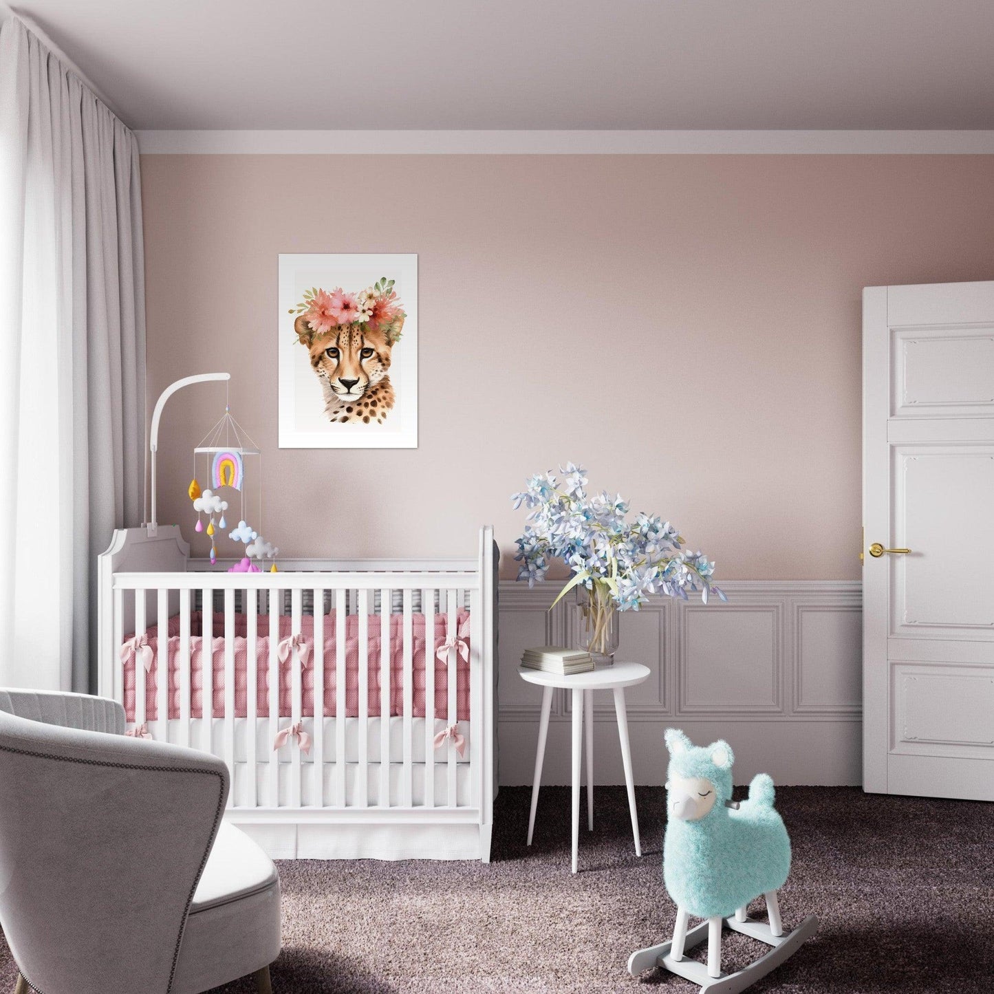 Affiche GUEPARD avec couronne de fleurs décoration chambre enfant bébé