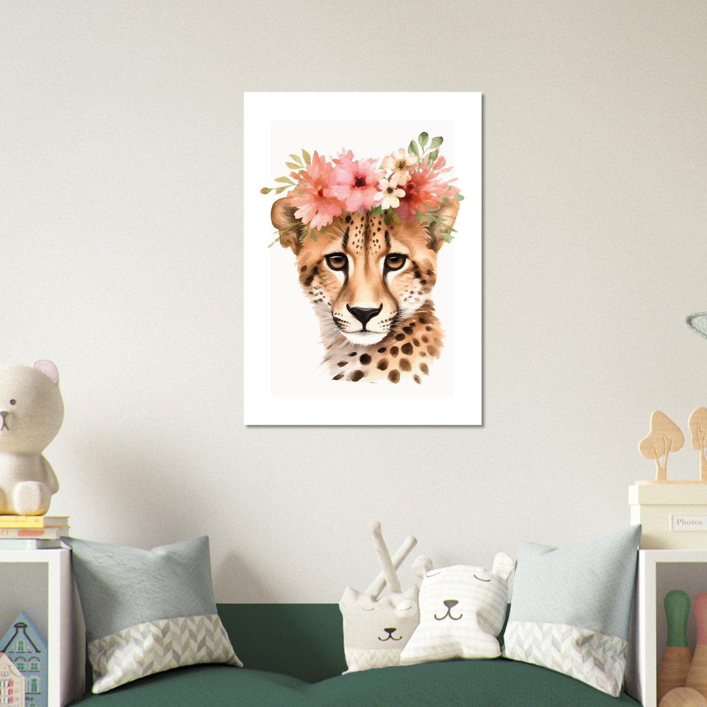 Affiche GUEPARD avec couronne de fleurs décoration chambre enfant bébé