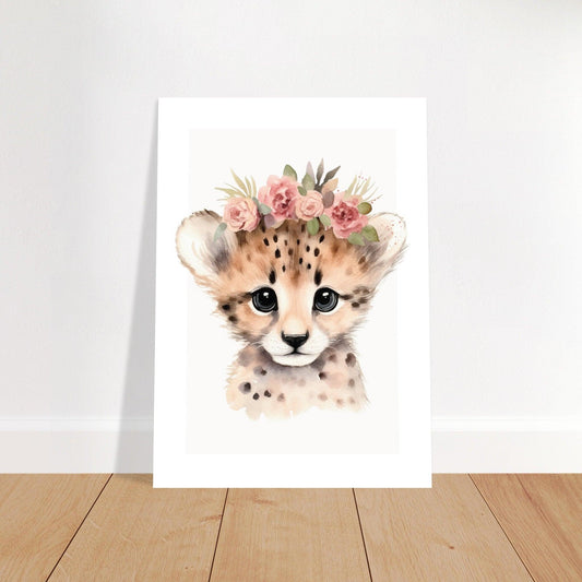 Affiche GUÉPARD avec couronne de fleurs décoration chambre enfant bébé