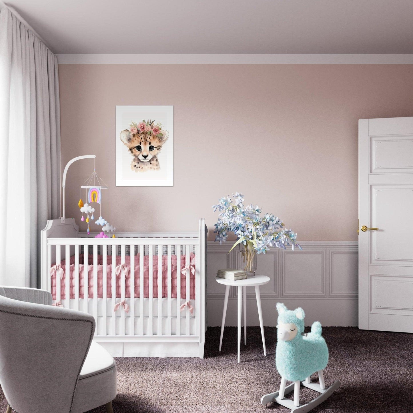 Affiche GUÉPARD avec couronne de fleurs décoration chambre enfant bébé