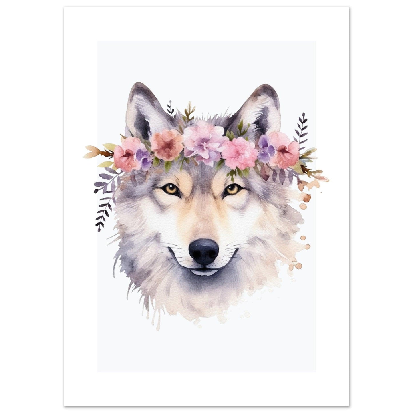 Affiche LOUP avec couronne de fleurs décoration chambre enfant bébé