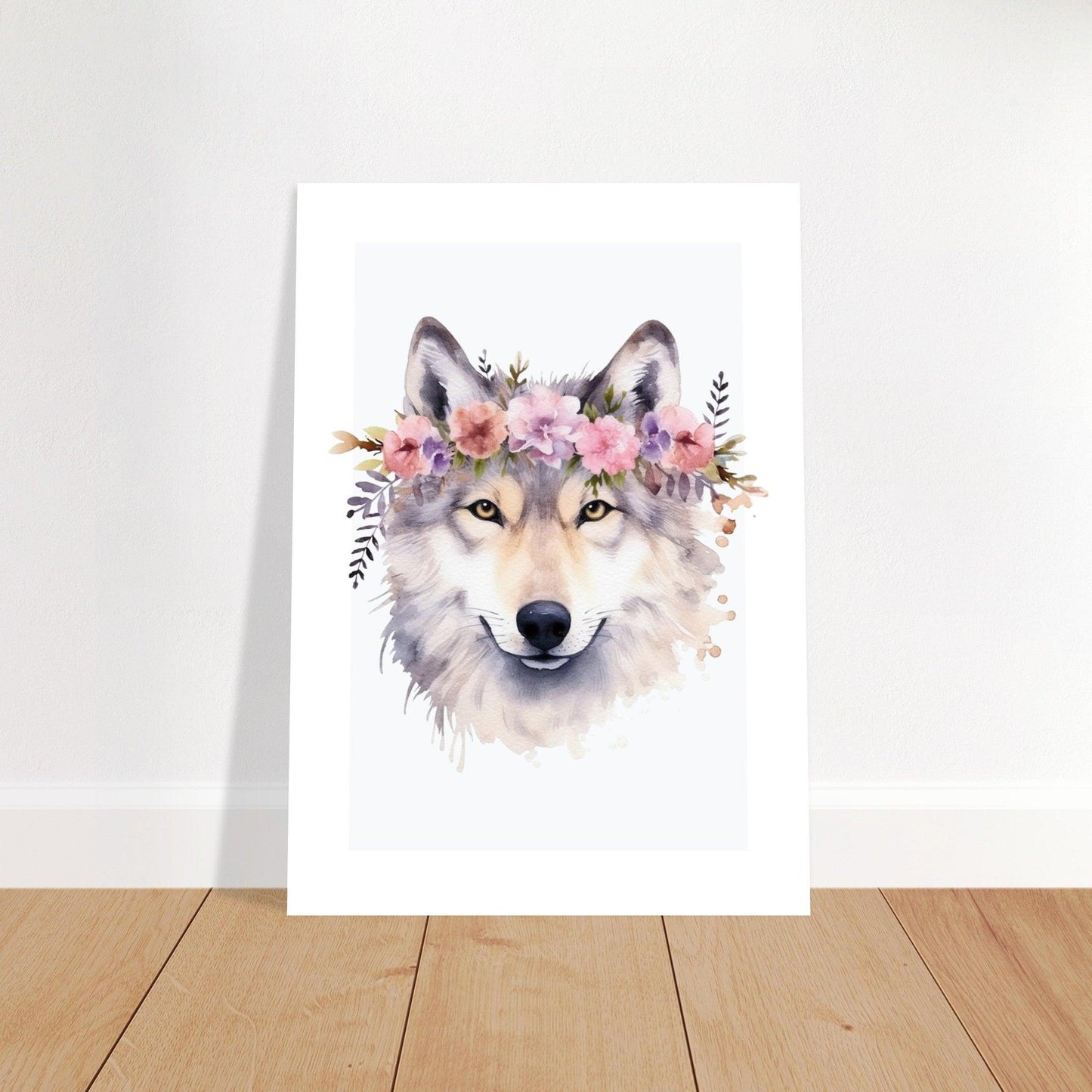 Affiche LOUP avec couronne de fleurs décoration chambre enfant bébé