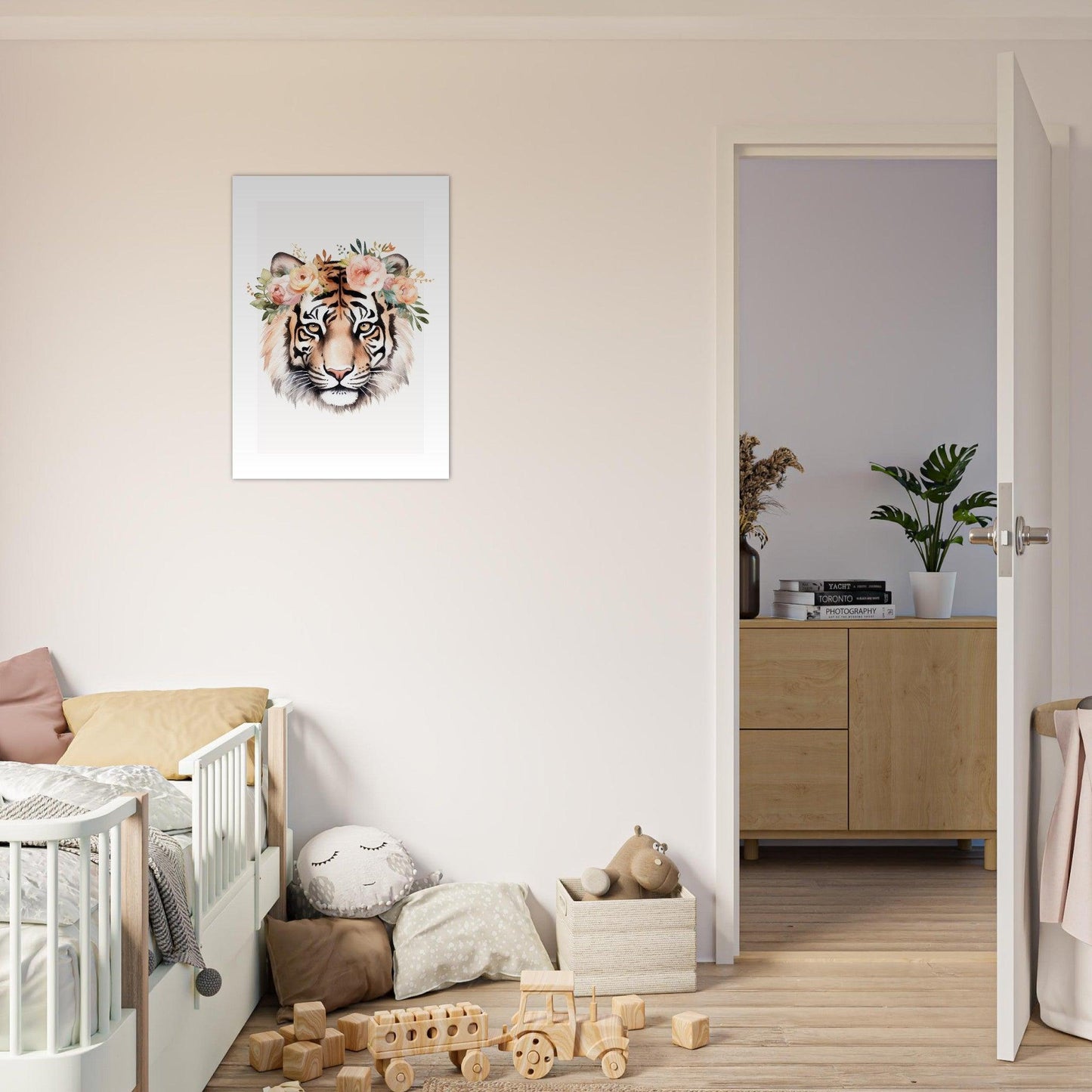 Affiche TIGRE avec couronne de fleurs décoration chambre enfant bébé
