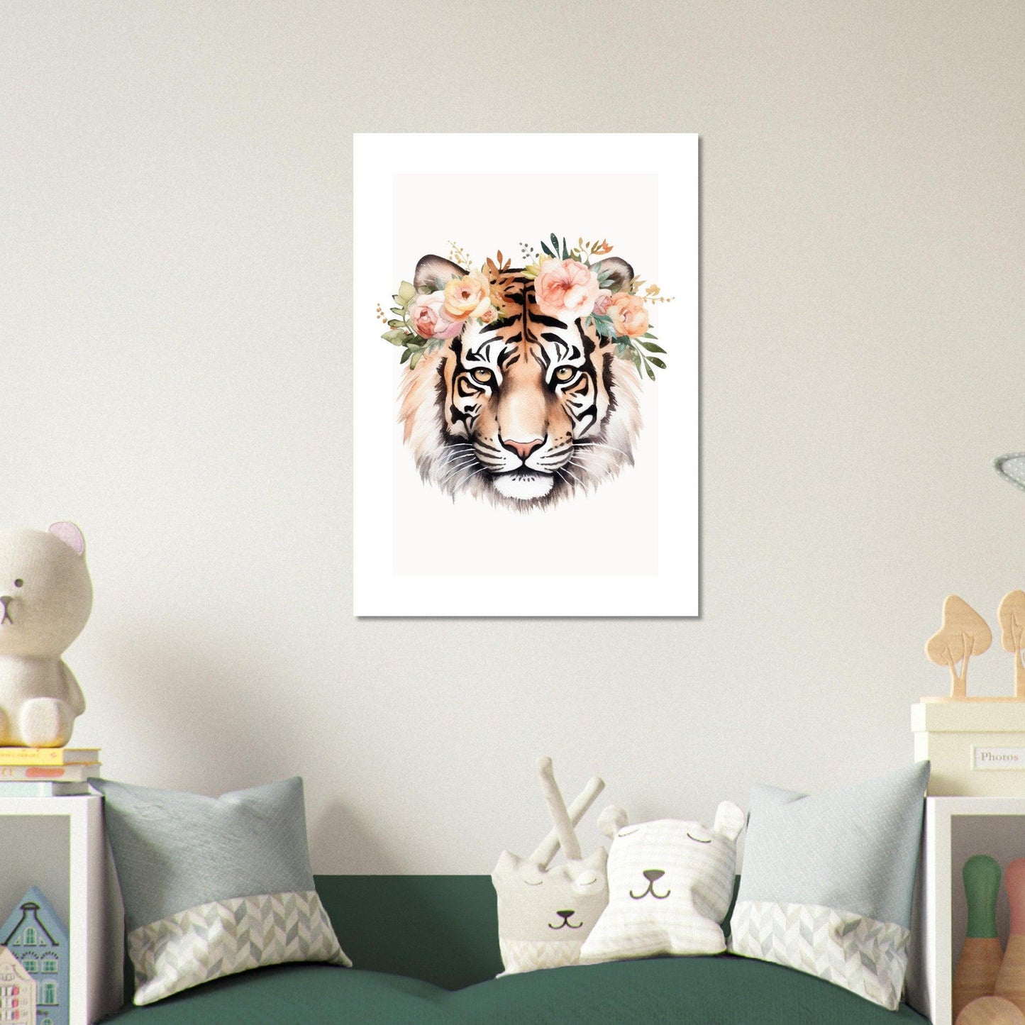 Affiche TIGRE avec couronne de fleurs décoration chambre enfant bébé