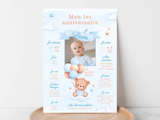 Affiche 1er anniversaire personnalisée OURSON BLEU
