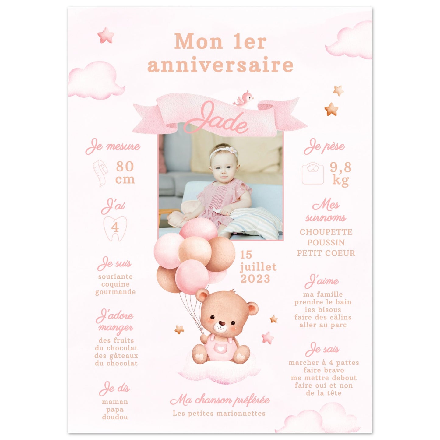 Affiche anniversaire 1 an personnalisée OURSON ROSE