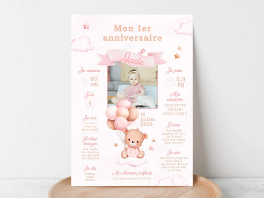 Affiche anniversaire 1 an personnalisée OURSON ROSE