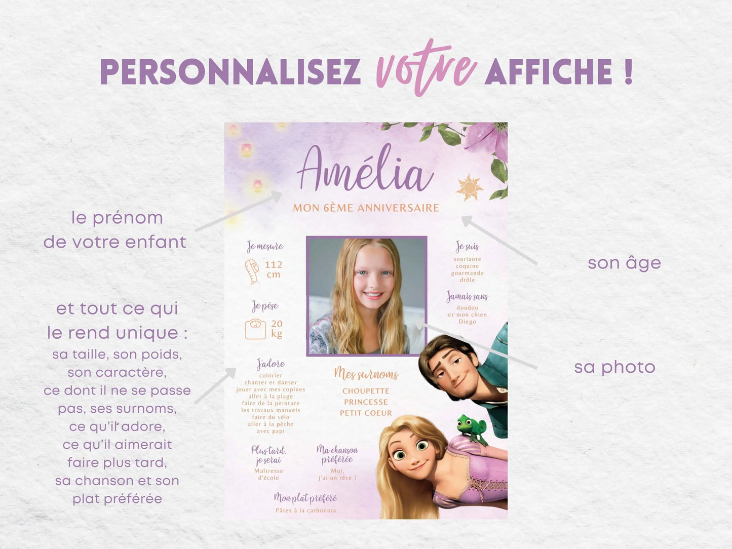 Affiche anniversaire personnalisée PRINCESSE RAIPONCE