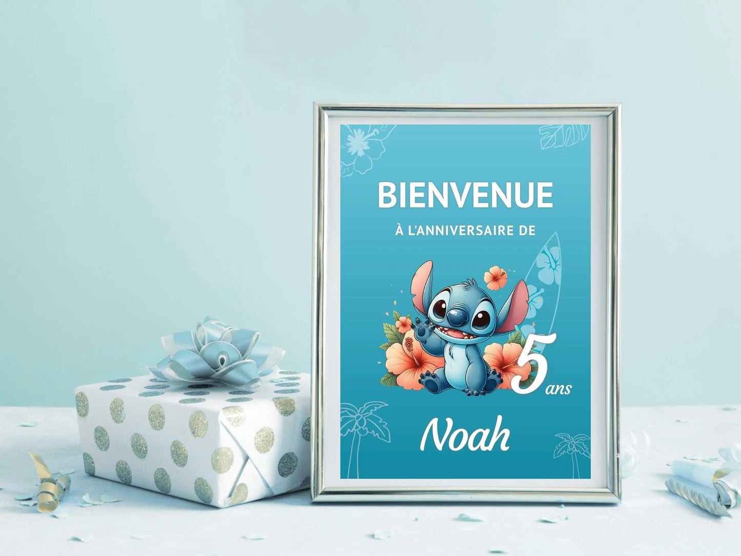 Affiche bienvenue anniversaire tropical personnalisée STITCH