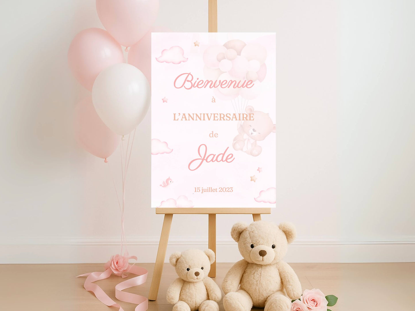 Affiche bienvenue personnalisée OURSON ROSE anniversaire 1 an bébé fille