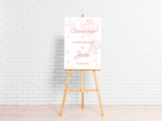 Affiche bienvenue personnalisée OURSON ROSE