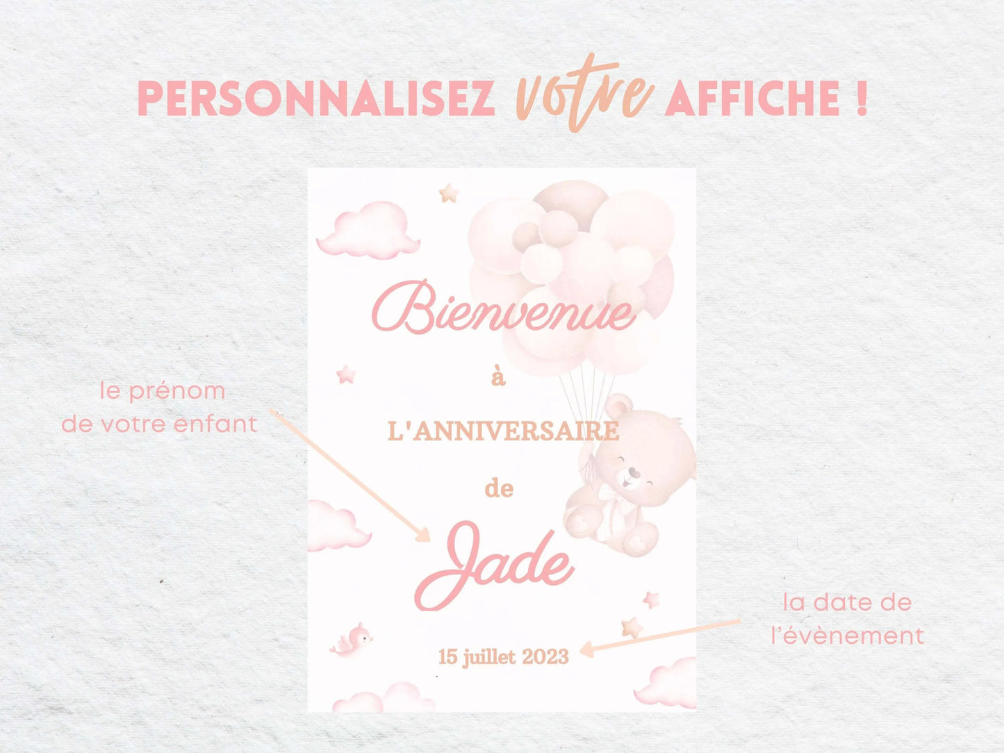 Affiche bienvenue personnalisée OURSON ROSE