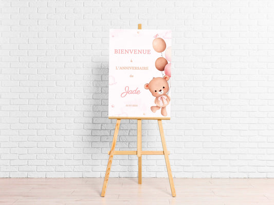 Affiche bienvenue personnalisée OURSON ROSE