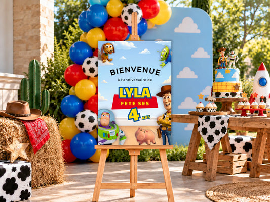 Panneau de bienvenue Toy Story sur chevalet au milieu d'une décoration anniversaire cowboy avec ballons et fusée