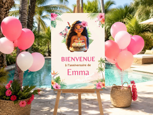 Affiche de bienvenue Vaiana personnalisée pour décoration anniversaire tropicale