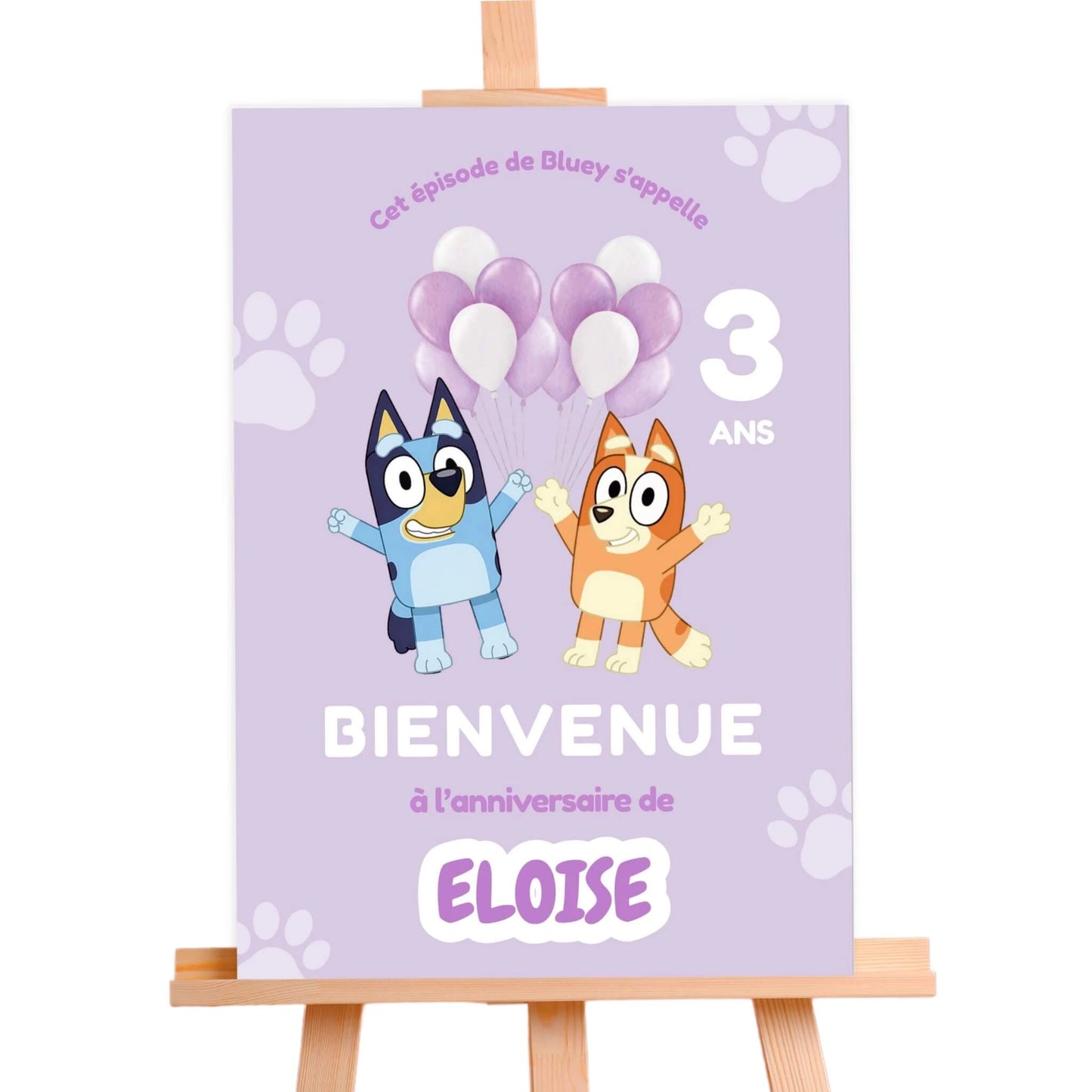 Affiche bienvenue personnalisée anniversaire BLUEY violet
