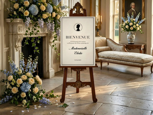 Affiche bienvenue Bridgerton Lady Whistledown sur chevalet dans décoration intérieure élégante avec fleurs et mobilier classique pour anniversaire femme chic
