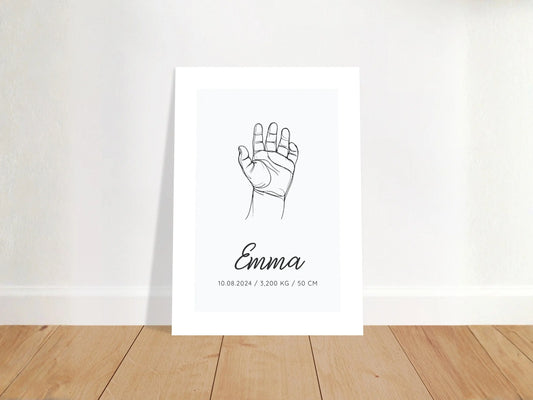 Affiche personnalisée naissance MAIN BÉBÉ lineart minimaliste décoration chambre bébé