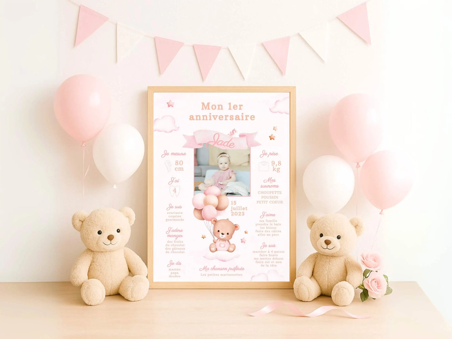 Affiche premier anniversaire personnalisée OURSON ROSE 1 an bébé fille