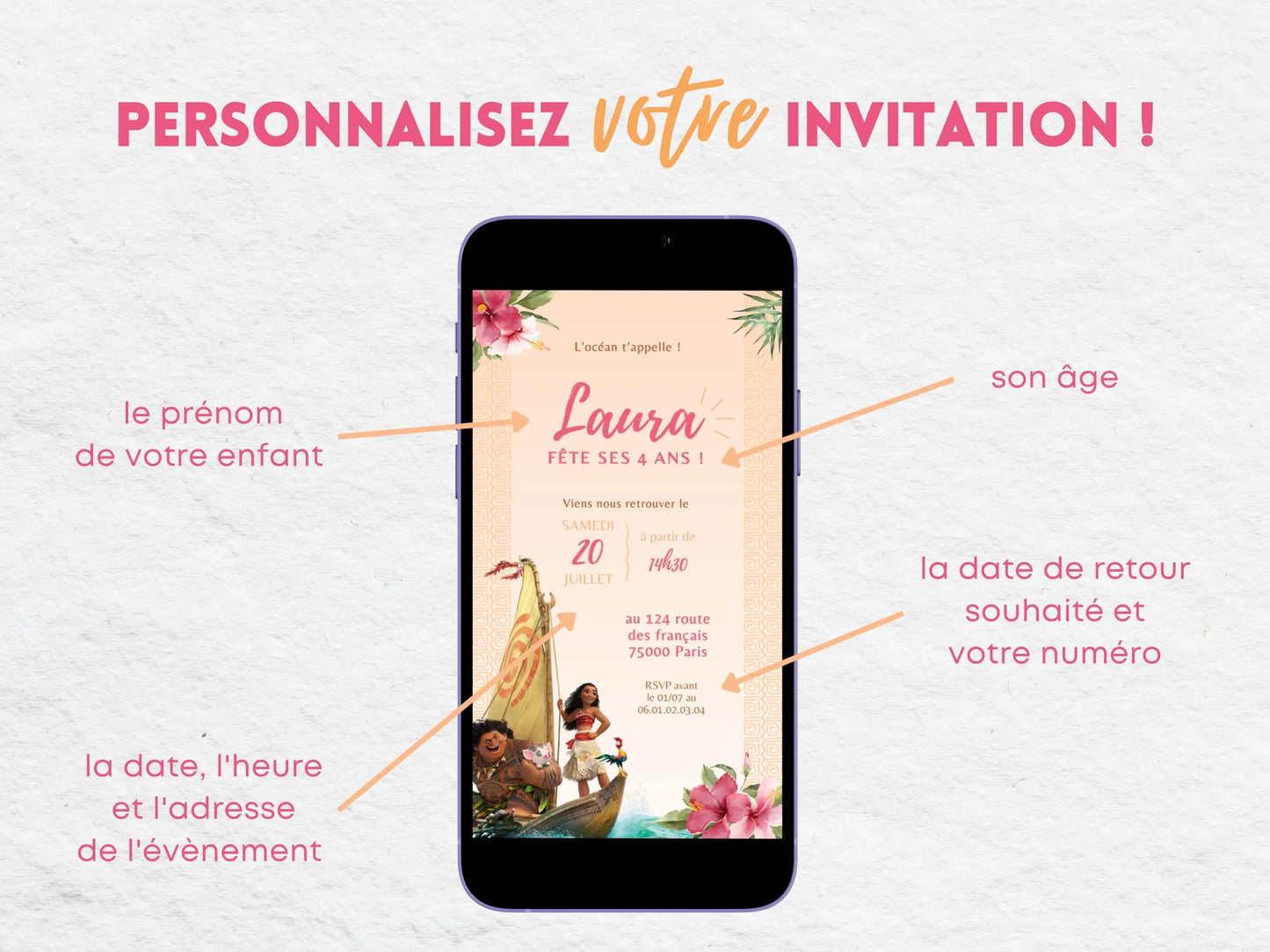 Invitation anniversaire digitale personnalisée VAIANA