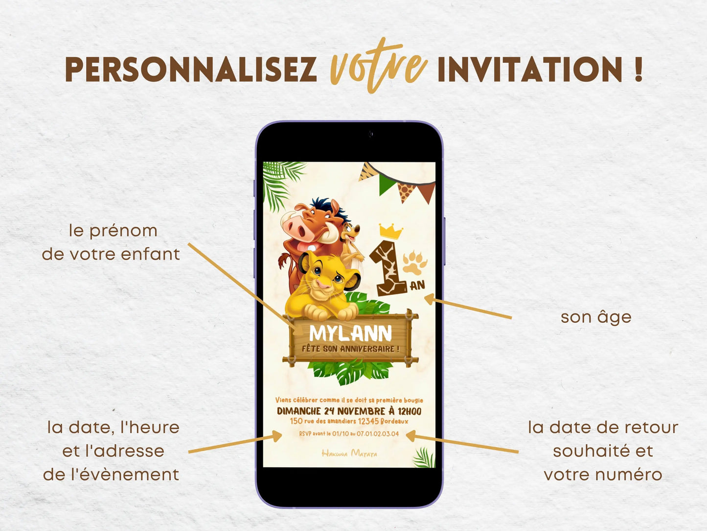 Invitation anniversaire mobile personnalisée LE ROI LION