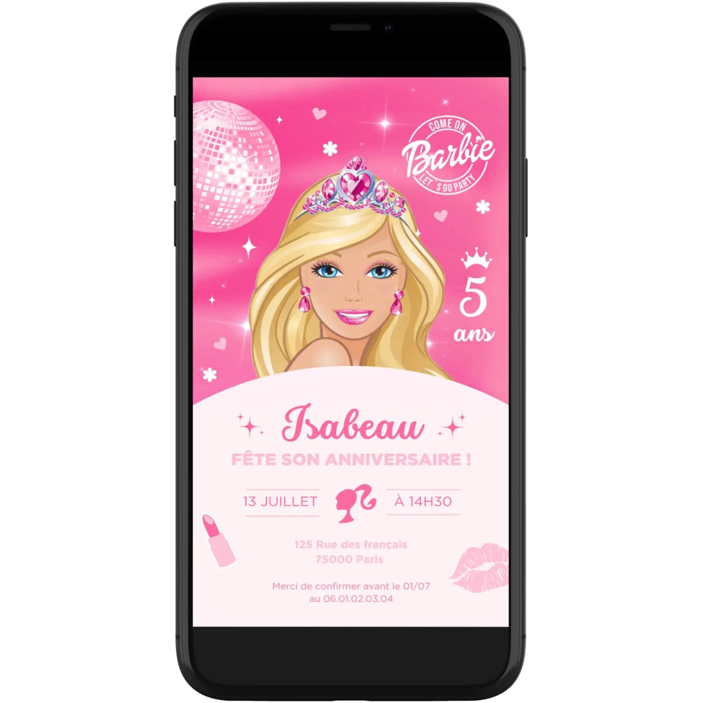 Invitation digitale pour mobile personnalisée BARBIE anniversaire fille 5 ans