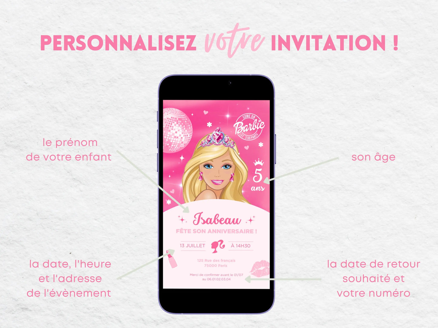 Invitation digitale pour mobile personnalisée BARBIE anniversaire fille 5 ans