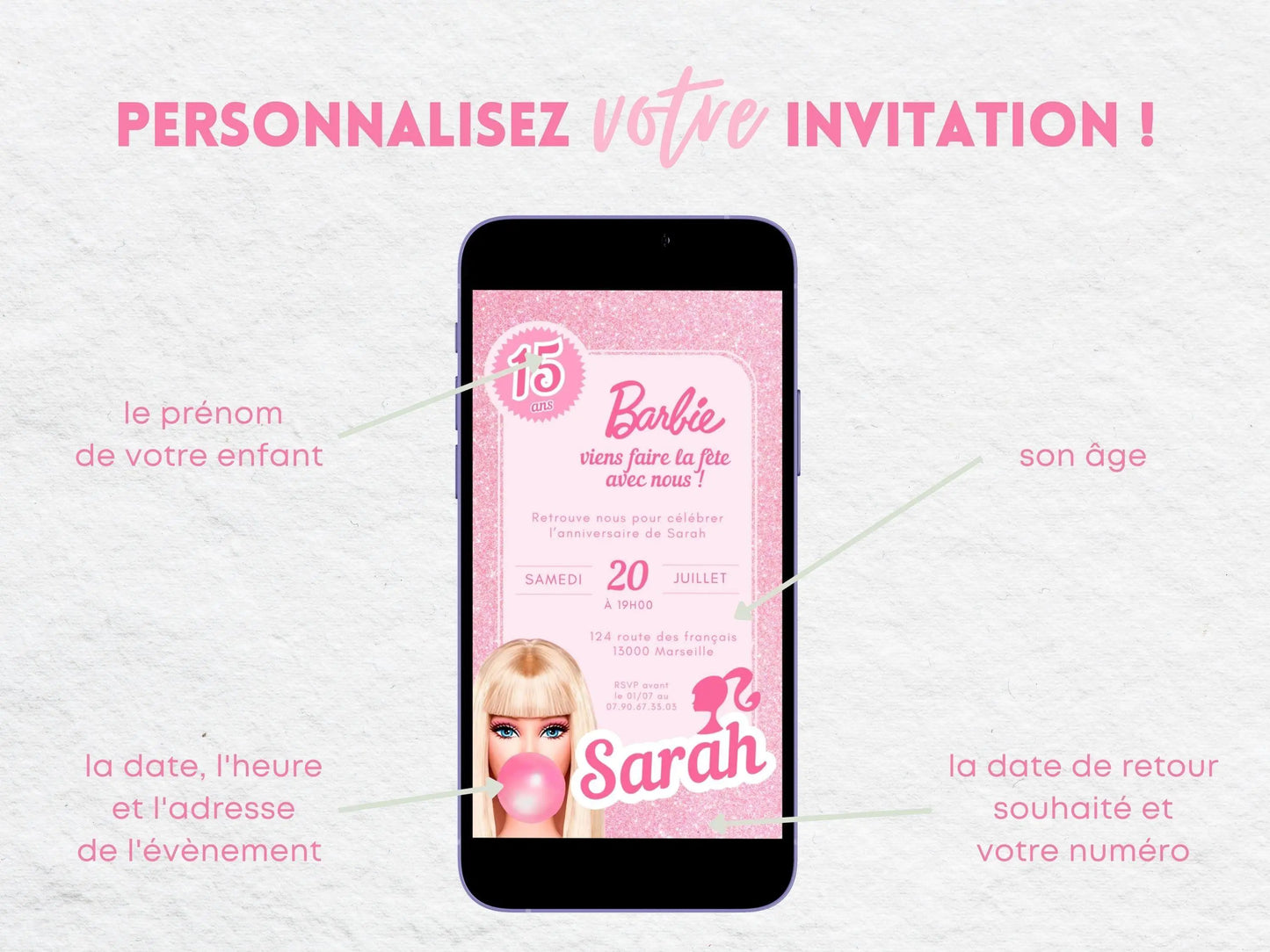 Invitation mobile anniversaire personnalisée BARBIE