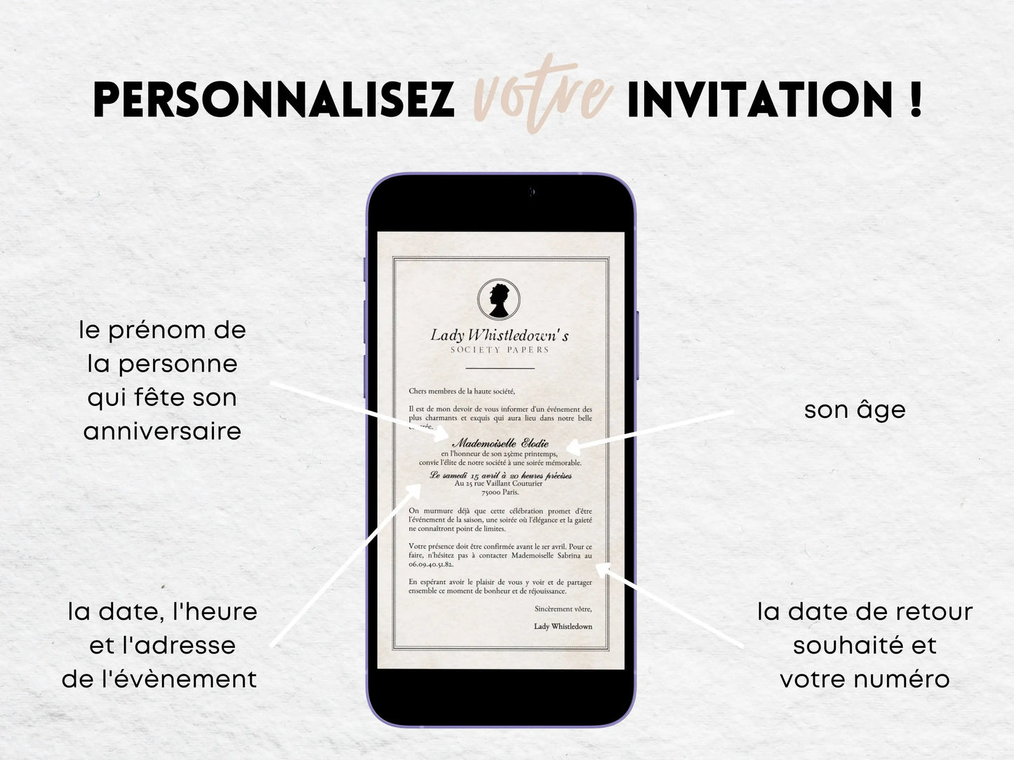 Invitation mobile anniversaire personnalisée BRIDGERTON