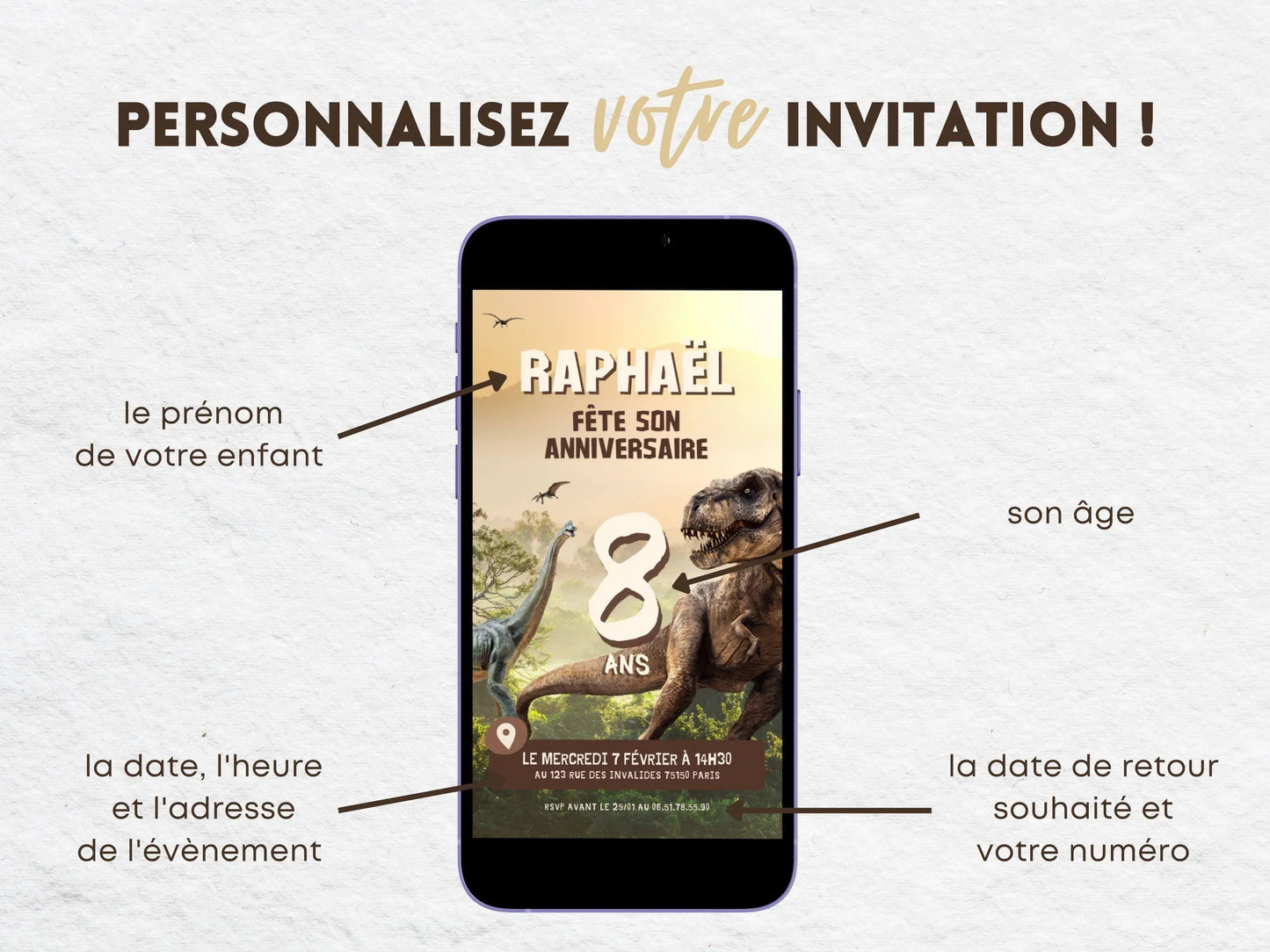 Invitation mobile anniversaire personnalisée DINOSAURE