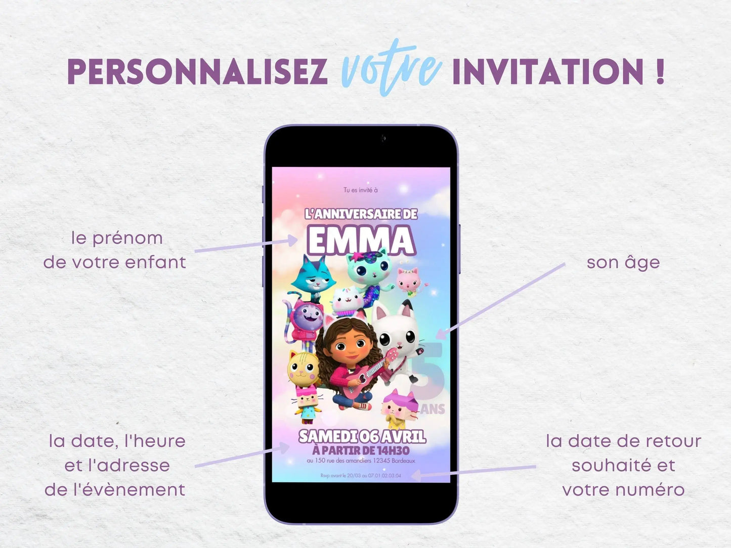 Invitation mobile anniversaire personnalisée GABBY ET LA MAISON MAGIQUE