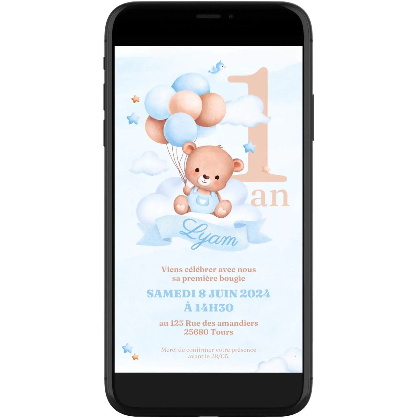 Invitation mobile anniversaire personnalisée OURSON BLEU
