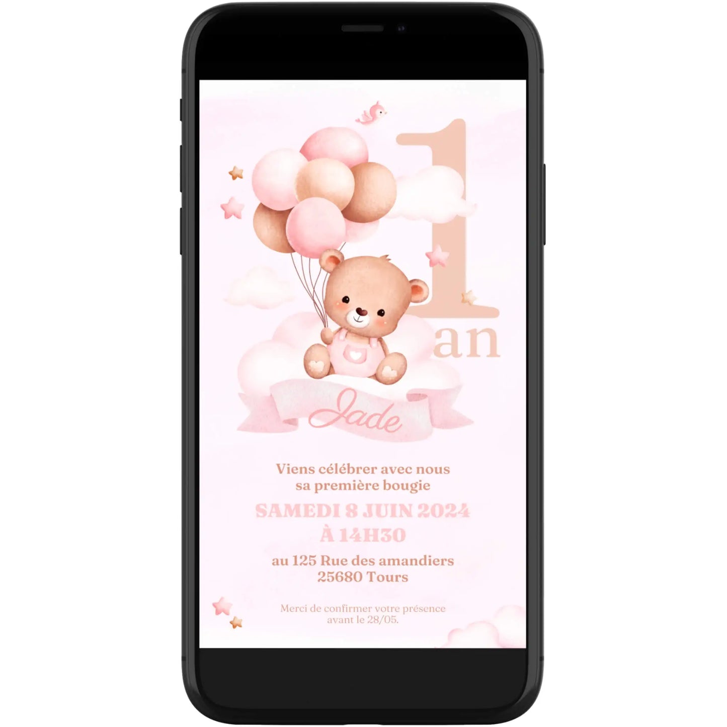 Invitation mobile anniversaire personnalisée OURSON ROSE
