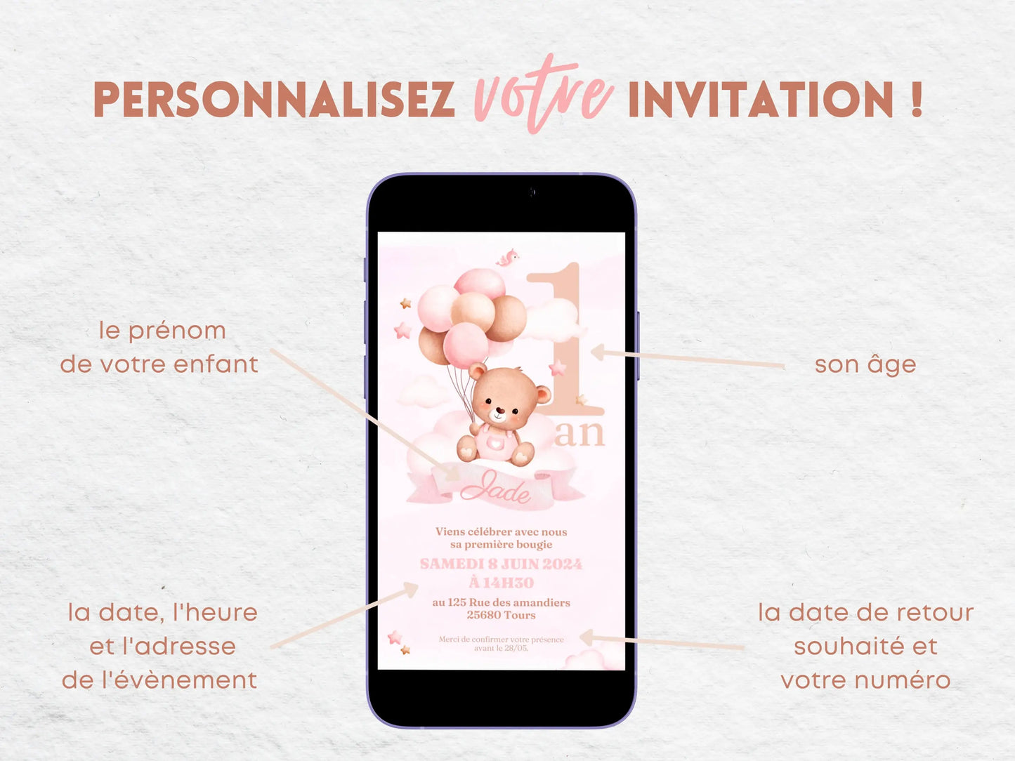 Invitation mobile anniversaire personnalisée OURSON ROSE