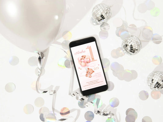 Invitation mobile anniversaire personnalisée OURSON ROSE
