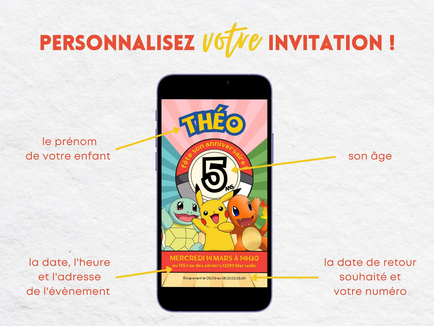 Invitation mobile anniversaire personnalisée POKEMON