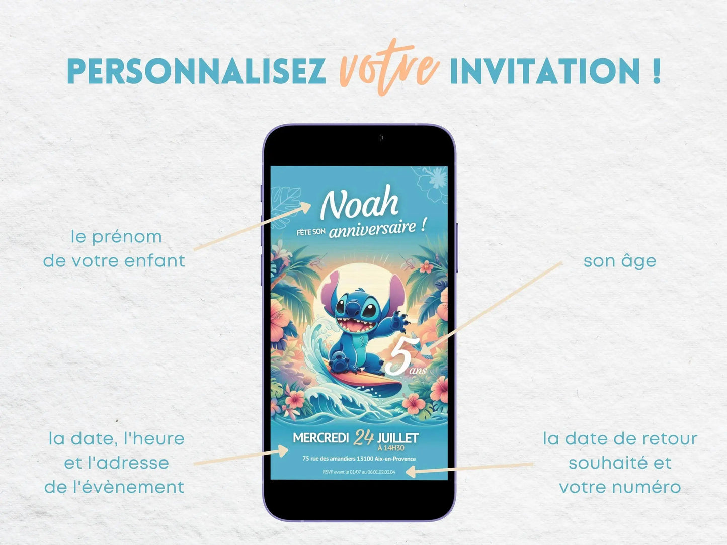 Invitation mobile anniversaire personnalisée STITCH