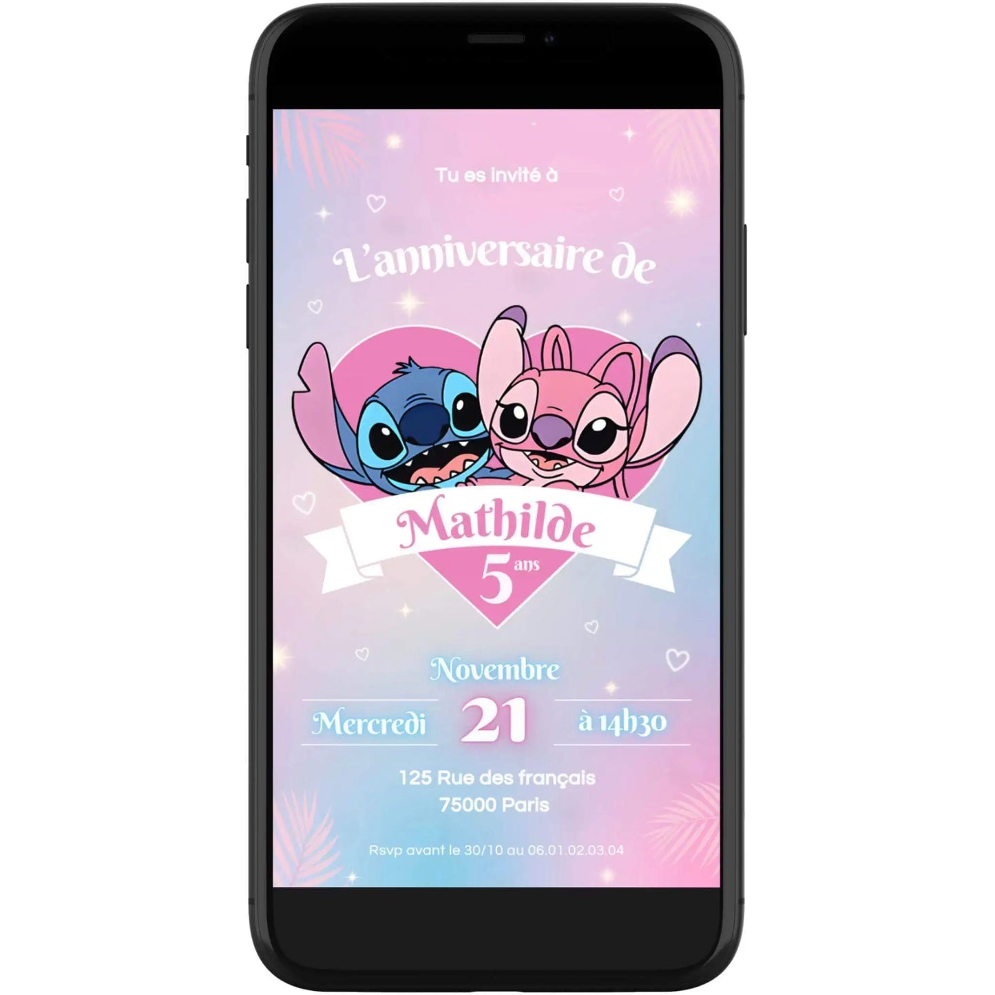 Invitation mobile anniversaire personnalisée STITCH & ANGEL