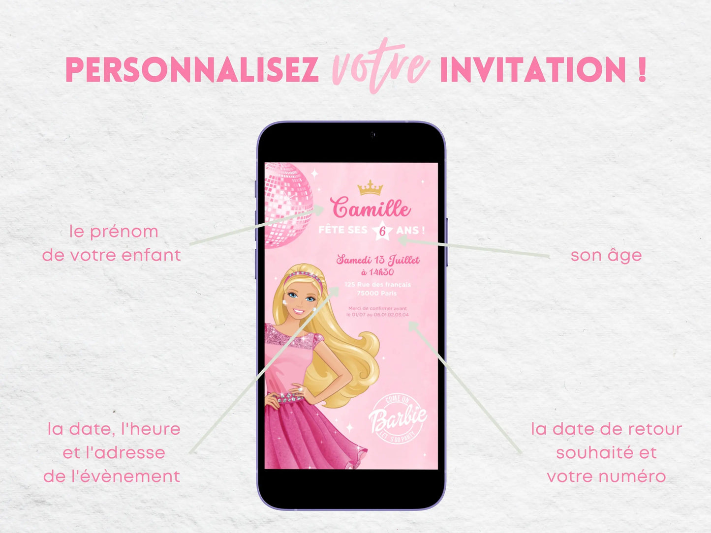 Invitation mobile personnalisée BARBIE