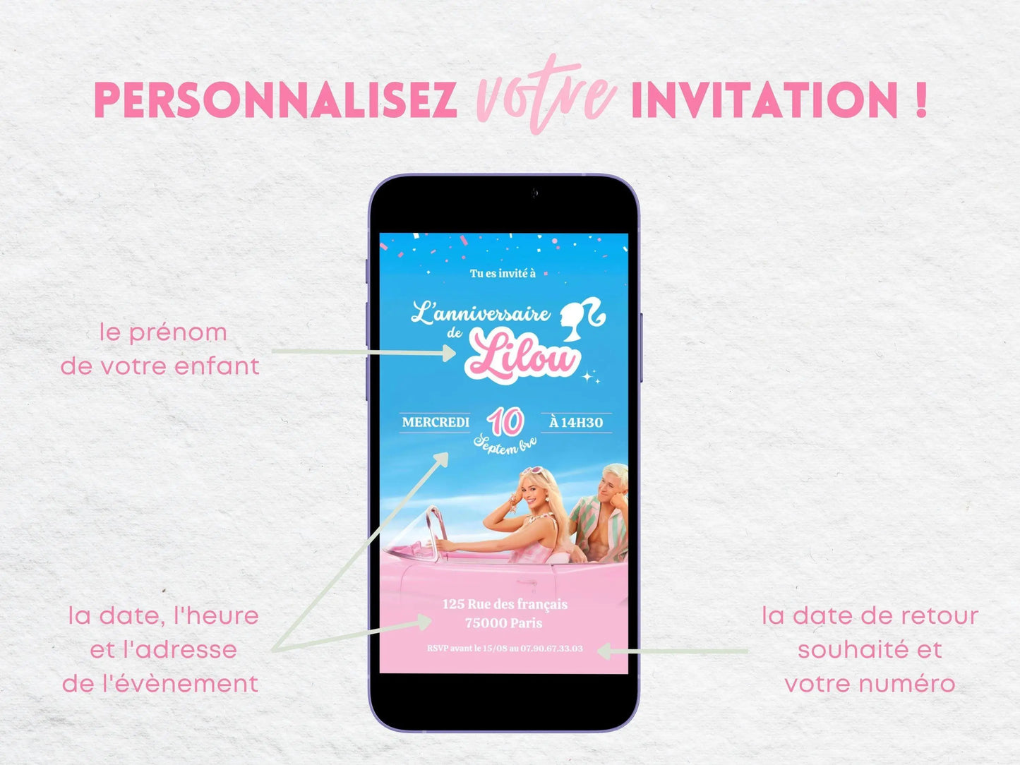 Invitation mobile anniversaire personnalisée BARBIE FILM