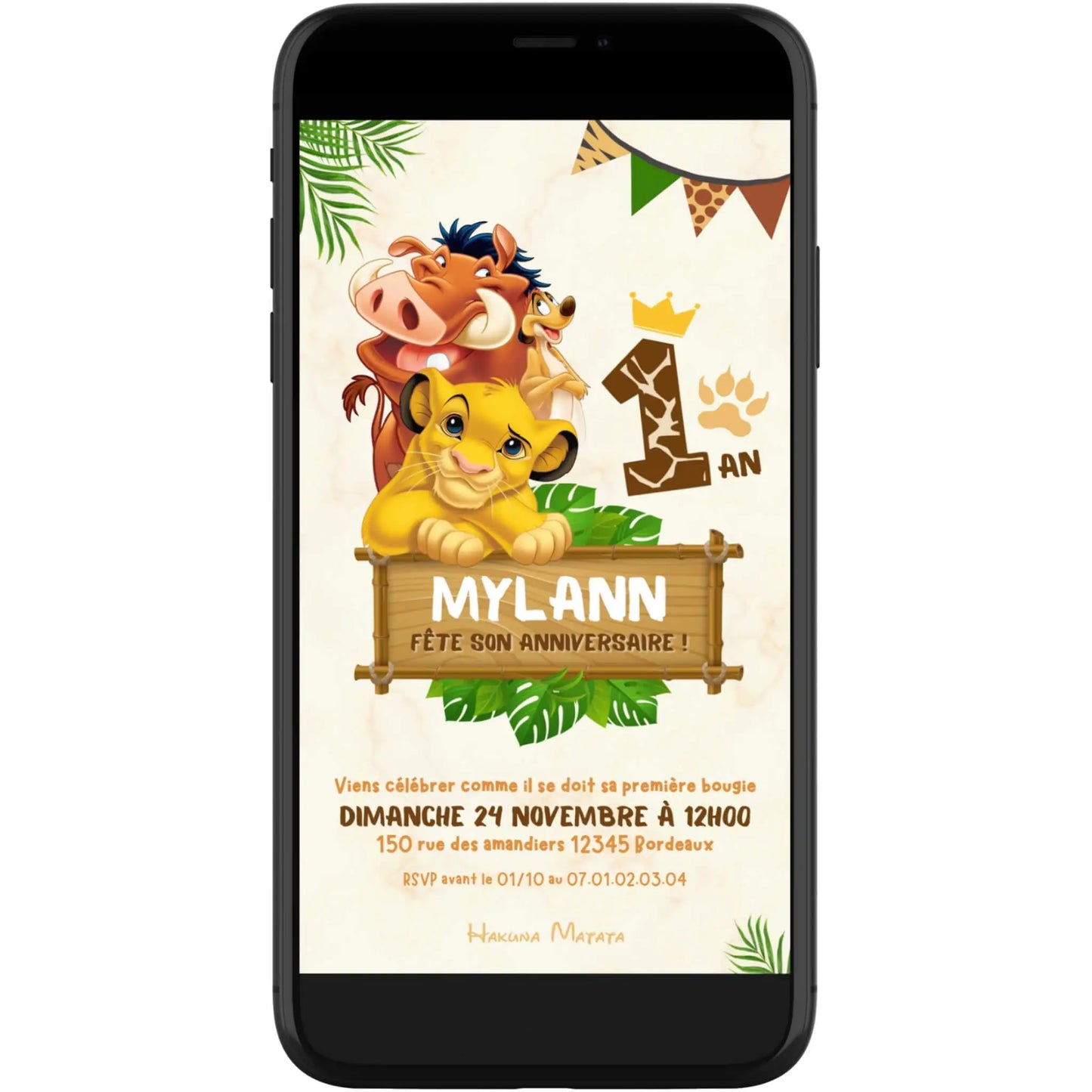 Invitation anniversaire mobile personnalisée LE ROI LION