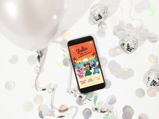 Invitation mobile anniversaire personnalisée LILO, STITCH et ANGEL