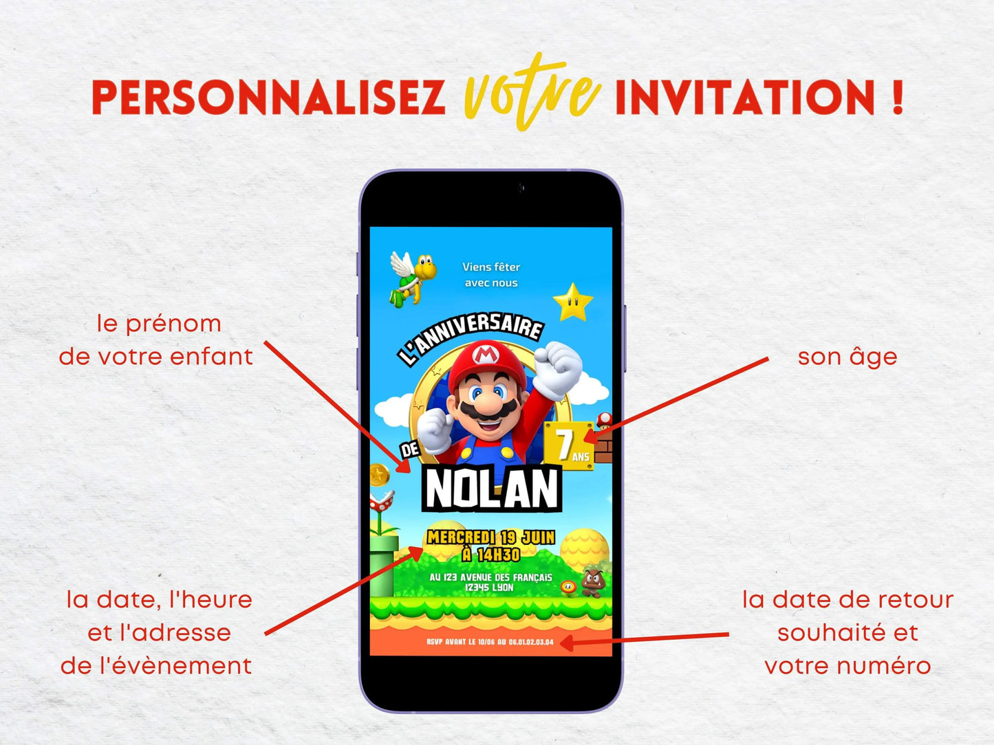 Invitation mobile anniversaire personnalisée MARIO