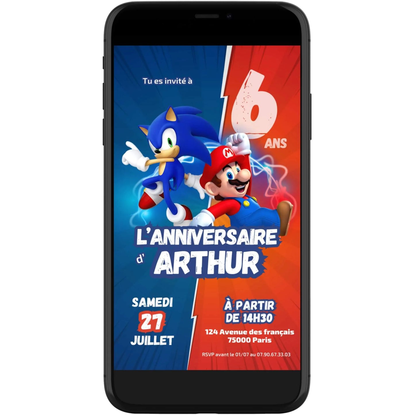 Invitation mobile anniversaire personnalisée MARIO & SONIC