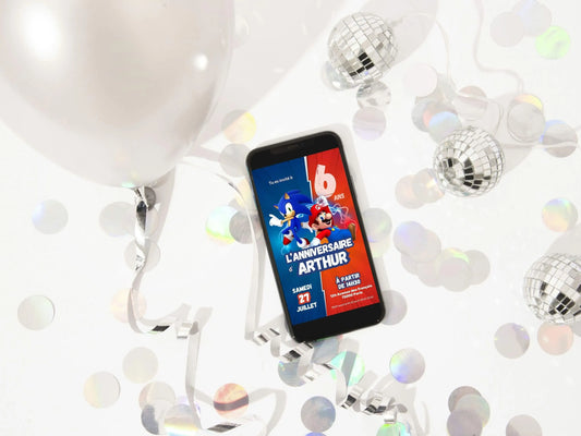 Invitation mobile anniversaire personnalisée MARIO & SONIC