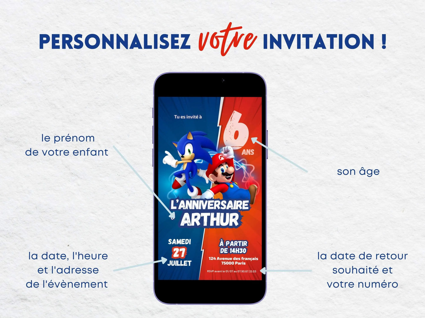 Invitation mobile anniversaire personnalisée MARIO & SONIC